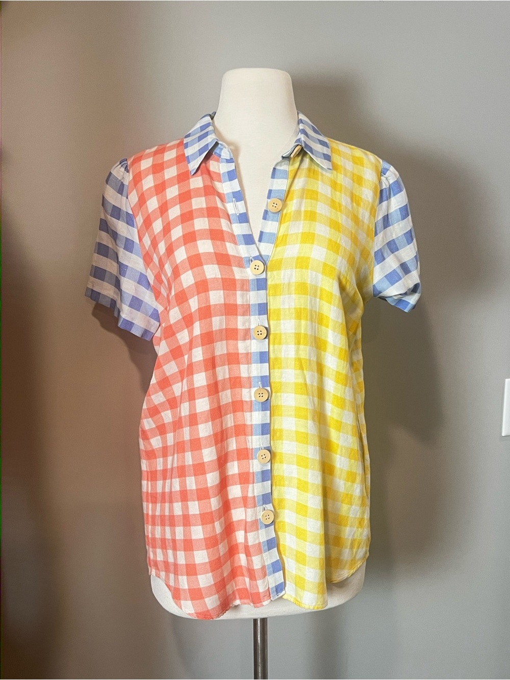 Anthropologie Coral, Yellow & Blue Gingham Button-Front Top
